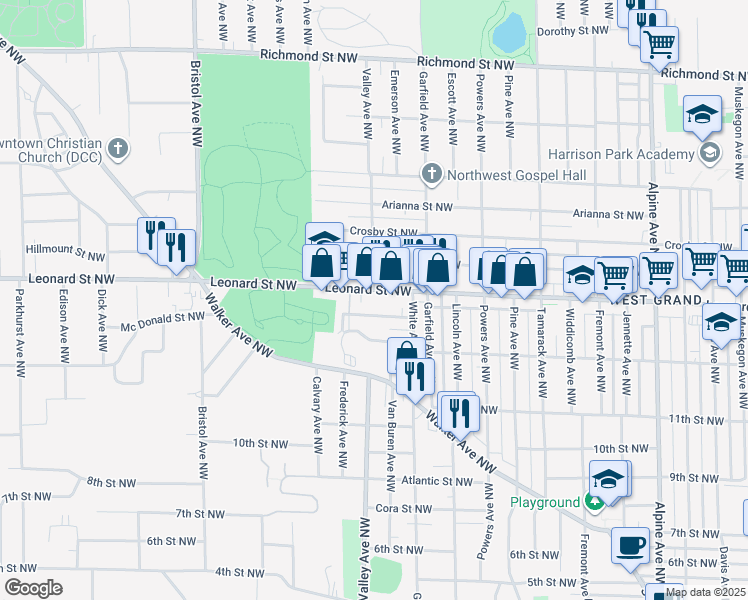 map of restaurants, bars, coffee shops, grocery stores, and more near 1240 Leonard Street Northwest in Grand Rapids
