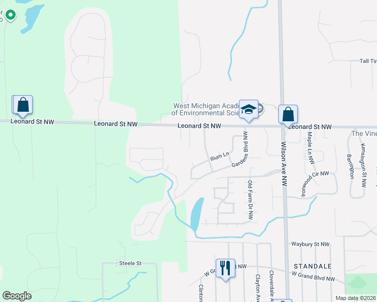map of restaurants, bars, coffee shops, grocery stores, and more near 1126 West Leonard Court in Grand Rapids