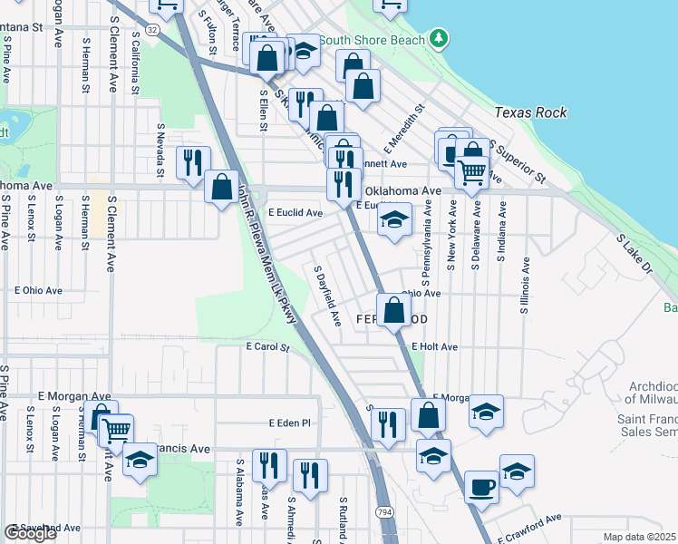 map of restaurants, bars, coffee shops, grocery stores, and more near 3239 South Springfield Avenue in Milwaukee