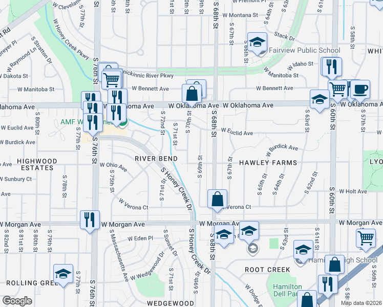map of restaurants, bars, coffee shops, grocery stores, and more near 3261 South 69th Street in Milwaukee