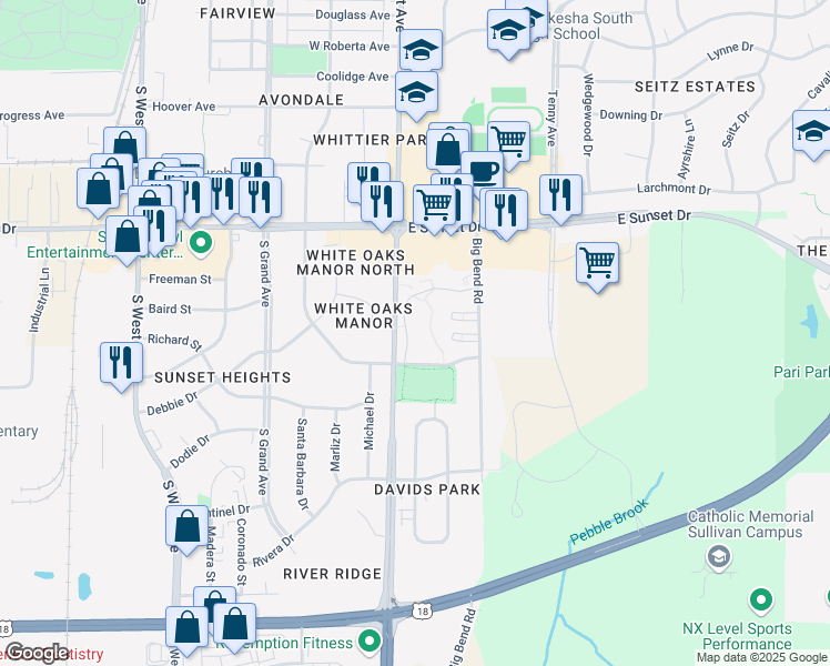 map of restaurants, bars, coffee shops, grocery stores, and more near 1438 Big Bend Road in Waukesha