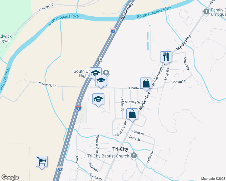 map of restaurants, bars, coffee shops, grocery stores, and more near 103 Alameda Street in Myrtle Creek