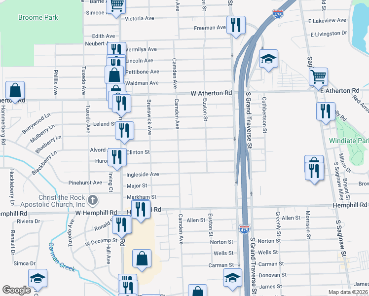 map of restaurants, bars, coffee shops, grocery stores, and more near 740 Clinton Street in Flint