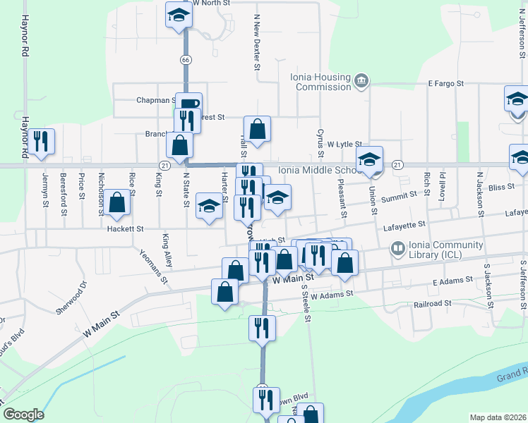 map of restaurants, bars, coffee shops, grocery stores, and more near 423 North Dexter Street in Ionia