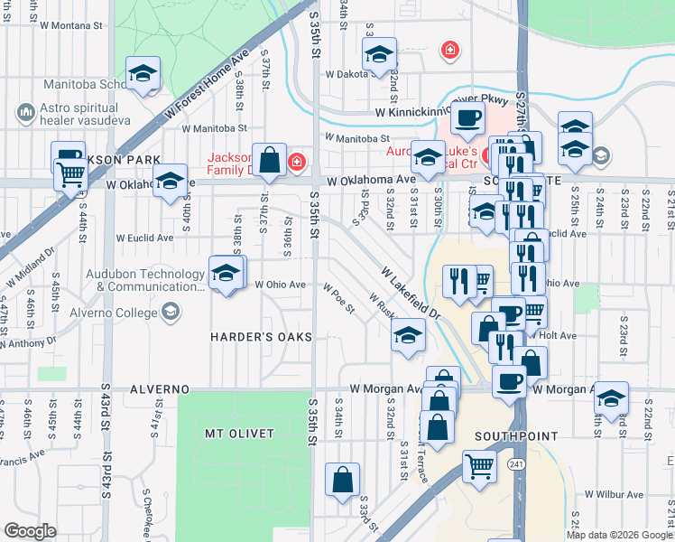 map of restaurants, bars, coffee shops, grocery stores, and more near 3363 West Ruskin Street in Milwaukee