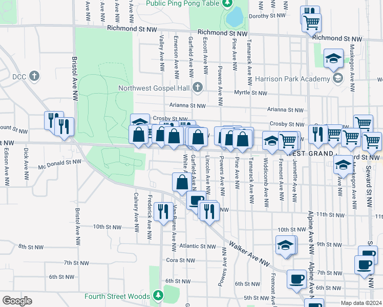 map of restaurants, bars, coffee shops, grocery stores, and more near 1202 Leonard Street Northwest in Grand Rapids