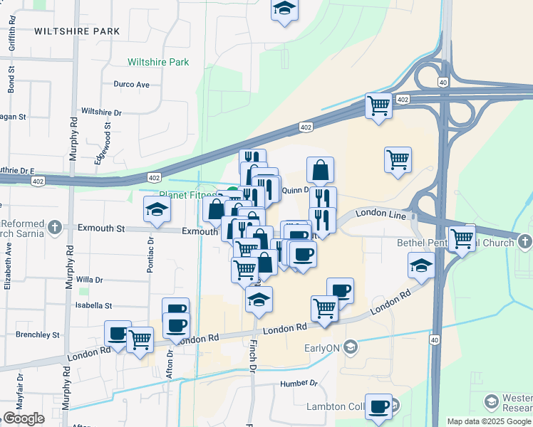 map of restaurants, bars, coffee shops, grocery stores, and more near 1107 Lambton Mall Road in Sarnia