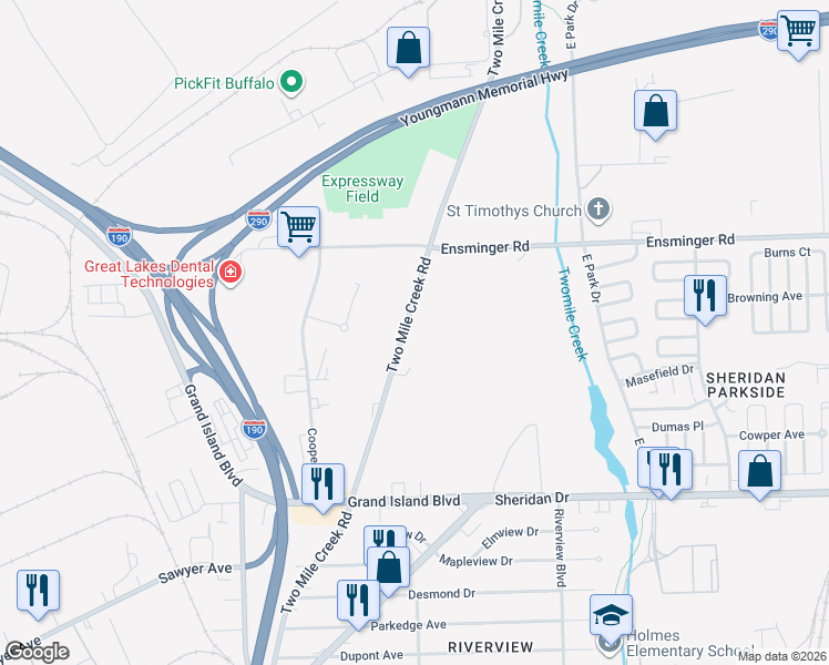 map of restaurants, bars, coffee shops, grocery stores, and more near 387 Two Mile Creek Road in Tonawanda