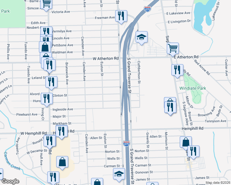 map of restaurants, bars, coffee shops, grocery stores, and more near 4212 South Grand Traverse Street in Flint