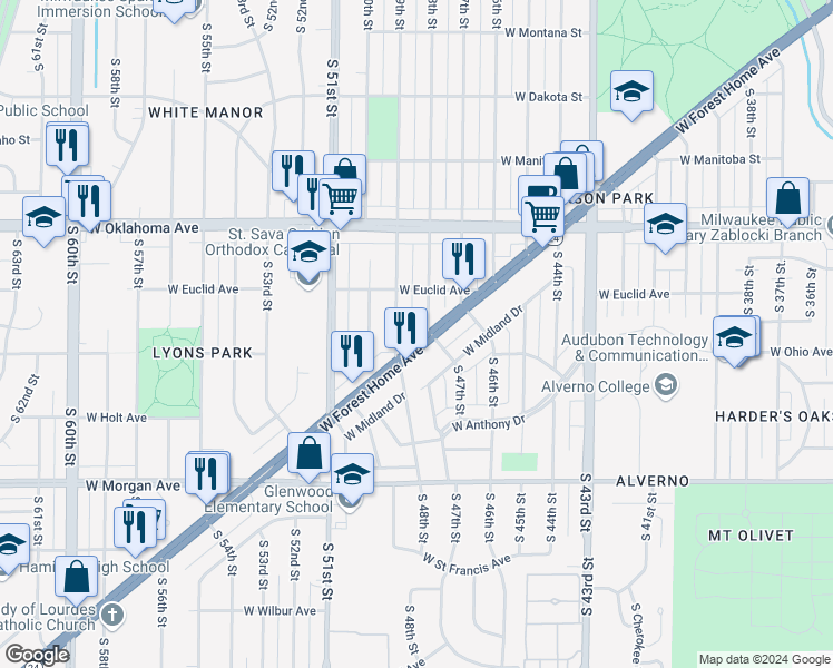 map of restaurants, bars, coffee shops, grocery stores, and more near 4820 West Forest Home Avenue in Milwaukee