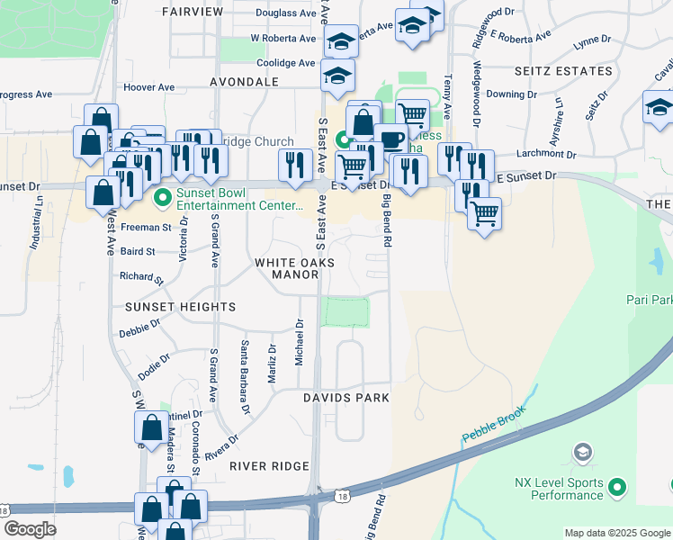 map of restaurants, bars, coffee shops, grocery stores, and more near 1438 Big Bend Road in Waukesha