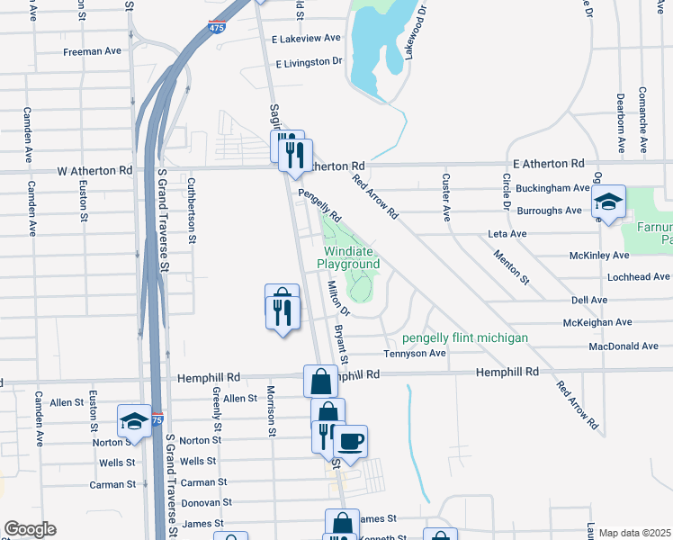 map of restaurants, bars, coffee shops, grocery stores, and more near 4217 Milton Drive in Flint