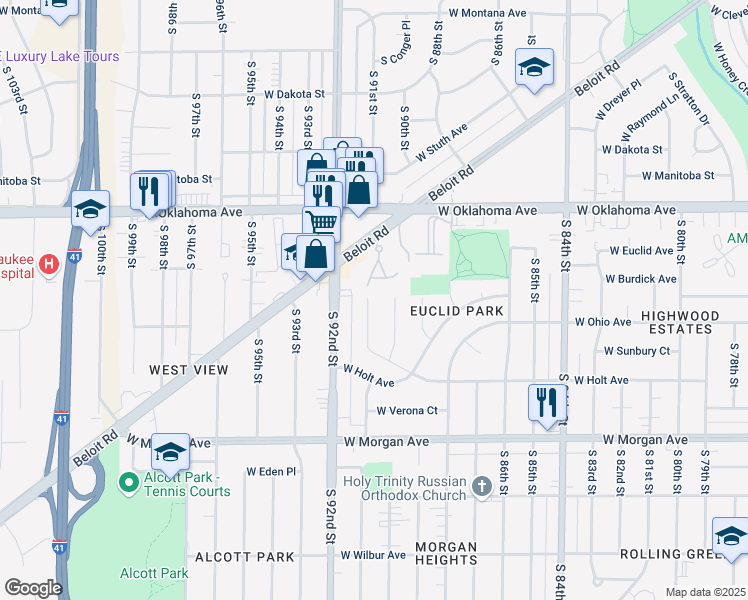 map of restaurants, bars, coffee shops, grocery stores, and more near 3252 South 91st Street in Milwaukee