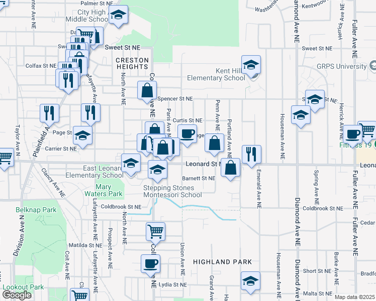 map of restaurants, bars, coffee shops, grocery stores, and more near 1226 Union Avenue Northeast in Grand Rapids