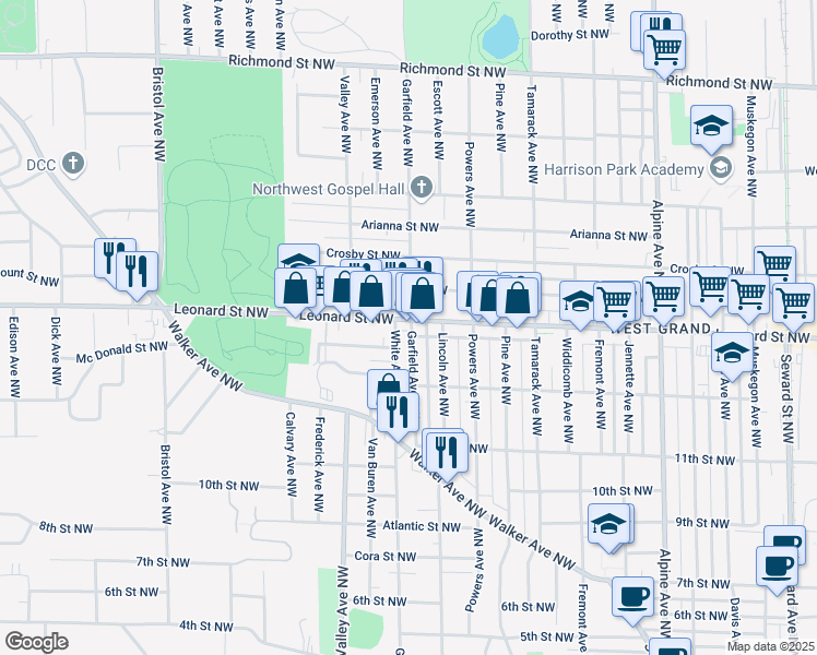map of restaurants, bars, coffee shops, grocery stores, and more near 1202 Leonard Street Northwest in Grand Rapids