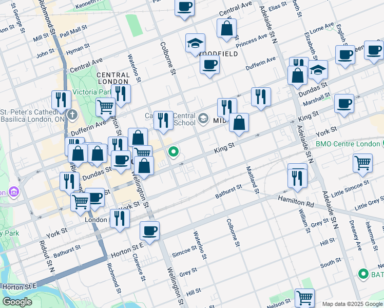 map of restaurants, bars, coffee shops, grocery stores, and more near 380 King Street in London