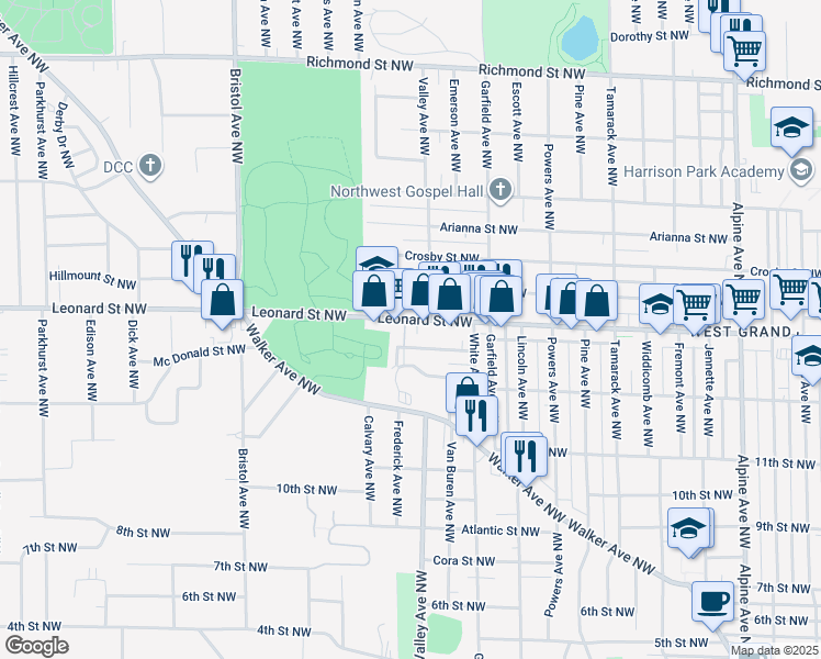 map of restaurants, bars, coffee shops, grocery stores, and more near 1314 Leonard Street Northwest in Grand Rapids
