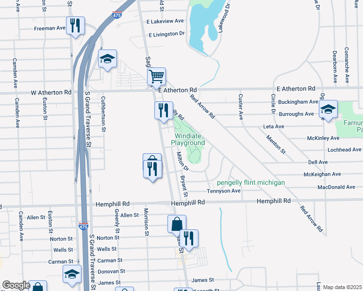 map of restaurants, bars, coffee shops, grocery stores, and more near 4217 Milton Drive in Flint