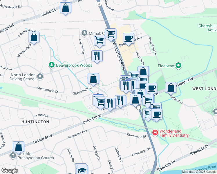 map of restaurants, bars, coffee shops, grocery stores, and more near 700 Wonderland Road North in London
