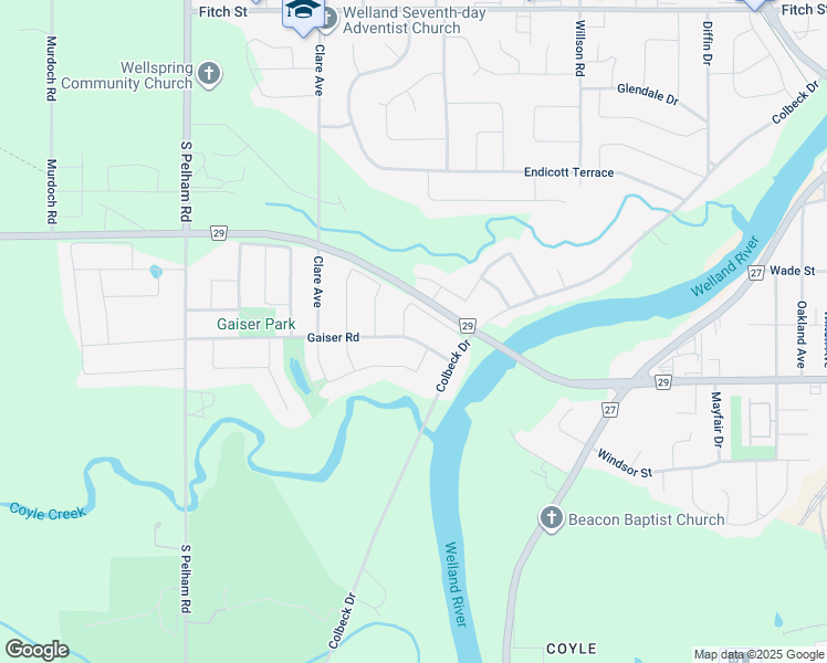 map of restaurants, bars, coffee shops, grocery stores, and more near 94 Gaiser Road in Welland