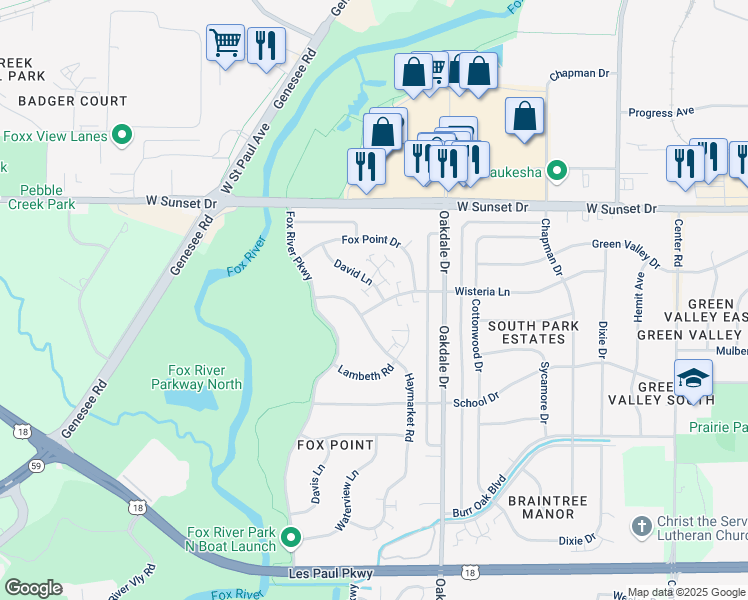 map of restaurants, bars, coffee shops, grocery stores, and more near 1230 Wisteria Lane in Waukesha