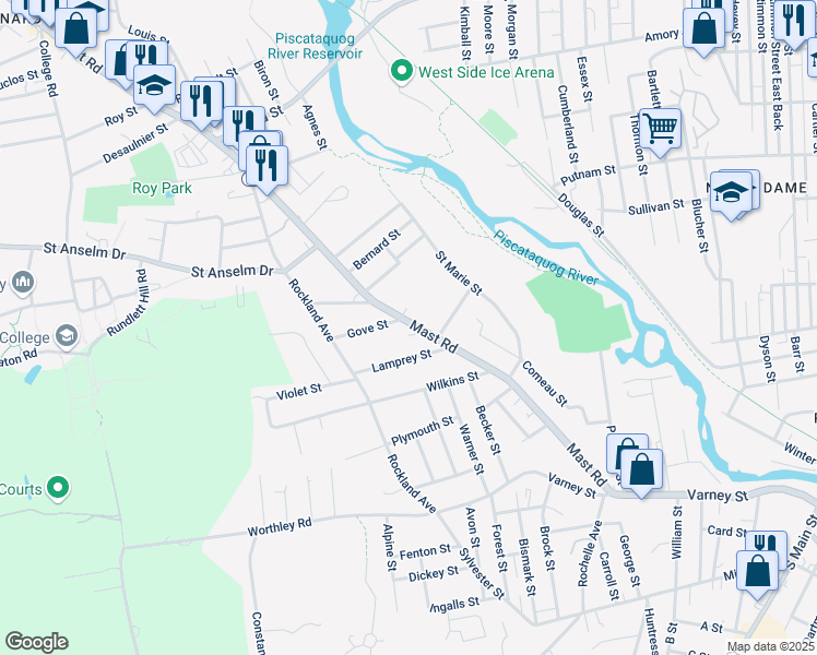 map of restaurants, bars, coffee shops, grocery stores, and more near 366 Mast Road in Manchester