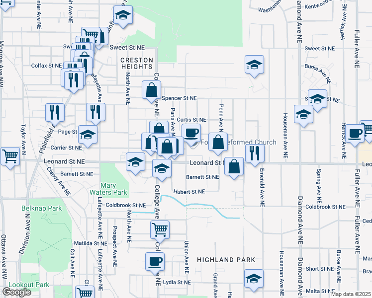 map of restaurants, bars, coffee shops, grocery stores, and more near 1201 Union Avenue Northeast in Grand Rapids