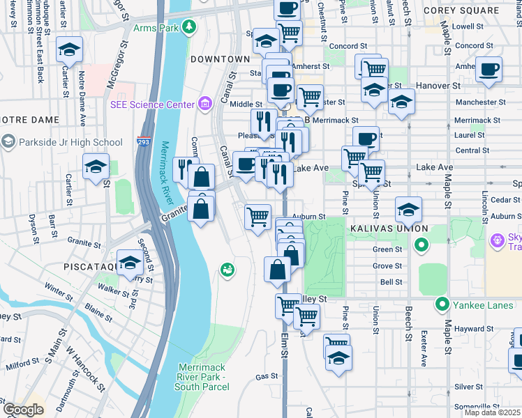 map of restaurants, bars, coffee shops, grocery stores, and more near 24 West Auburn Street in Manchester