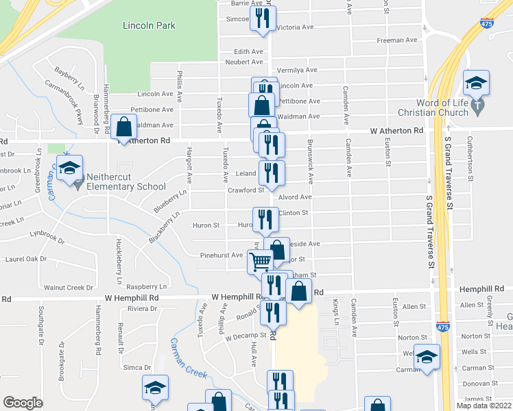 map of restaurants, bars, coffee shops, grocery stores, and more near 1036 Alvord Avenue in Flint