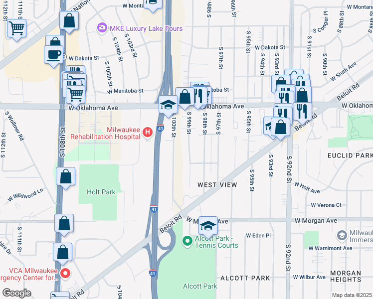 map of restaurants, bars, coffee shops, grocery stores, and more near 3239 South 99th Street in Milwaukee