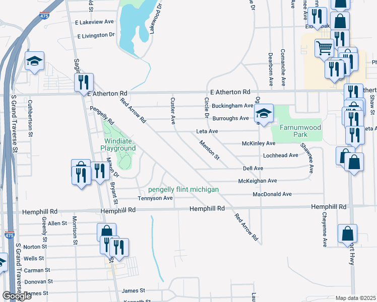 map of restaurants, bars, coffee shops, grocery stores, and more near 4210 Custer Avenue in Flint