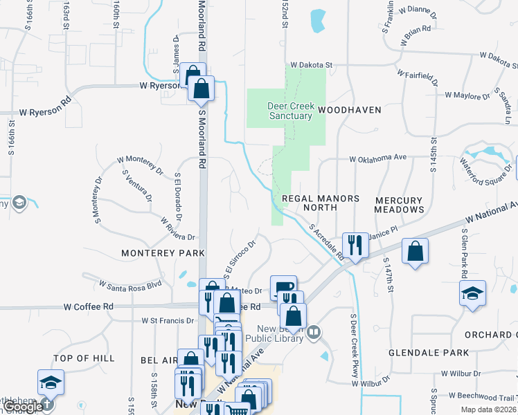 map of restaurants, bars, coffee shops, grocery stores, and more near 3250 South Pinewood Creek Court in New Berlin