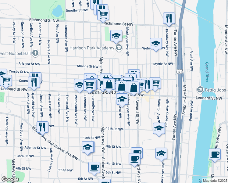 map of restaurants, bars, coffee shops, grocery stores, and more near 703 Leonard Street Northwest in Grand Rapids