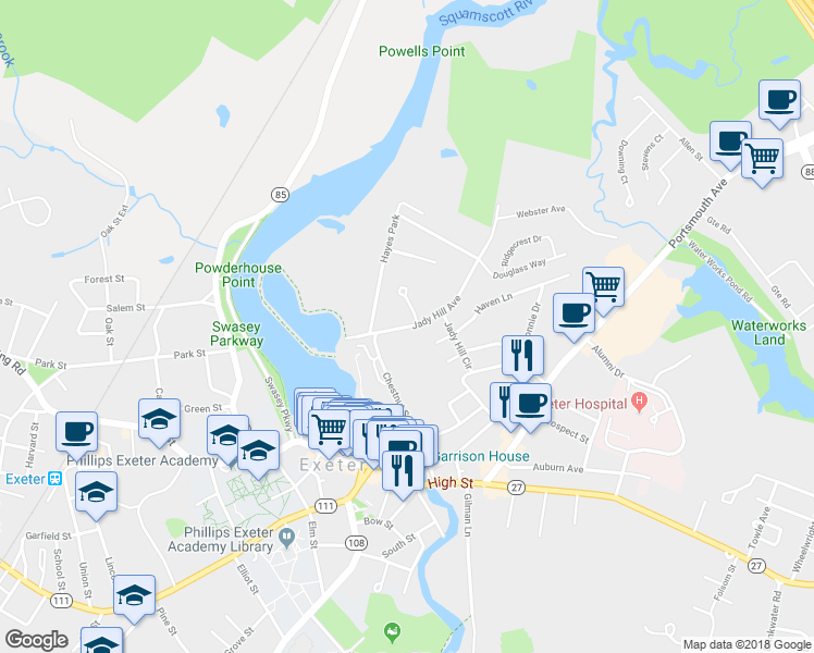 map of restaurants, bars, coffee shops, grocery stores, and more near 30 Jady Hill Avenue in Exeter