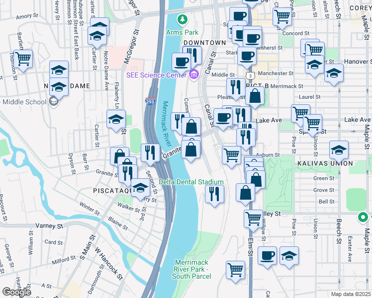 map of restaurants, bars, coffee shops, grocery stores, and more near 50 Commercial Street in Manchester