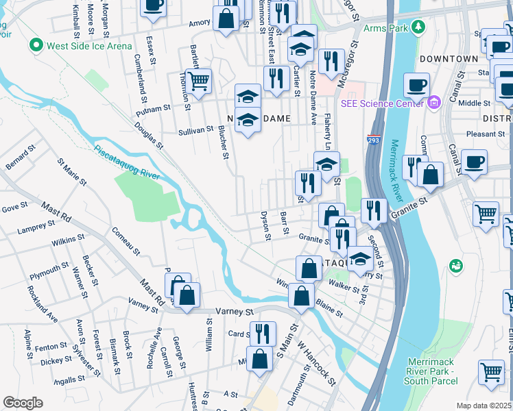 map of restaurants, bars, coffee shops, grocery stores, and more near 17 Hevey Street in Manchester