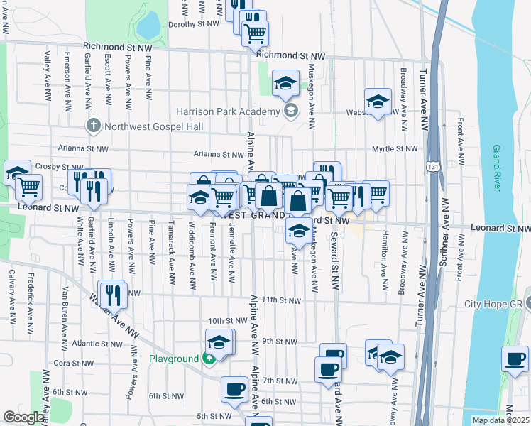 map of restaurants, bars, coffee shops, grocery stores, and more near in Grand Rapids