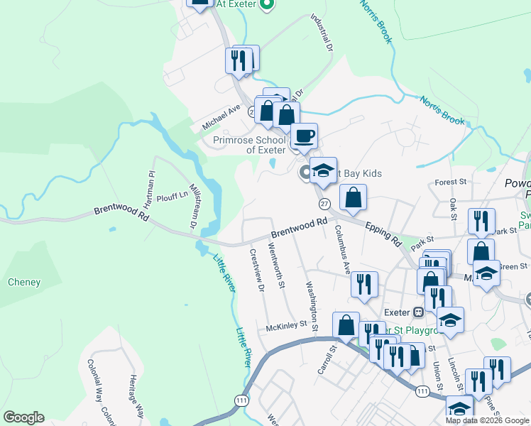 map of restaurants, bars, coffee shops, grocery stores, and more near 1 Penn Lane in Exeter