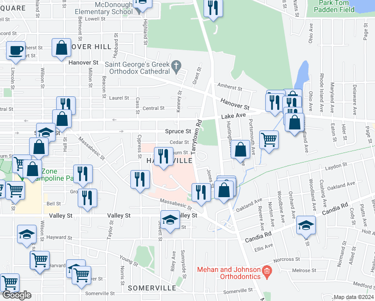 map of restaurants, bars, coffee shops, grocery stores, and more near 250 Tarrytown Road in Manchester