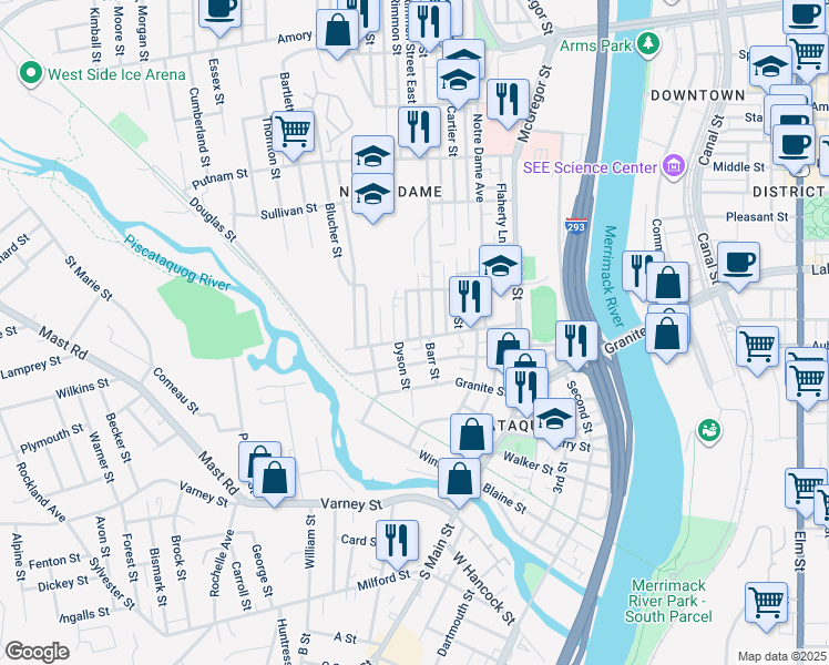 map of restaurants, bars, coffee shops, grocery stores, and more near 17 Rimmon Street in Manchester