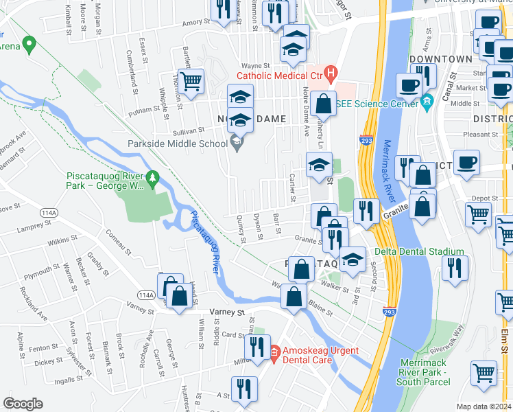 map of restaurants, bars, coffee shops, grocery stores, and more near 17 Rimmon Street in Manchester