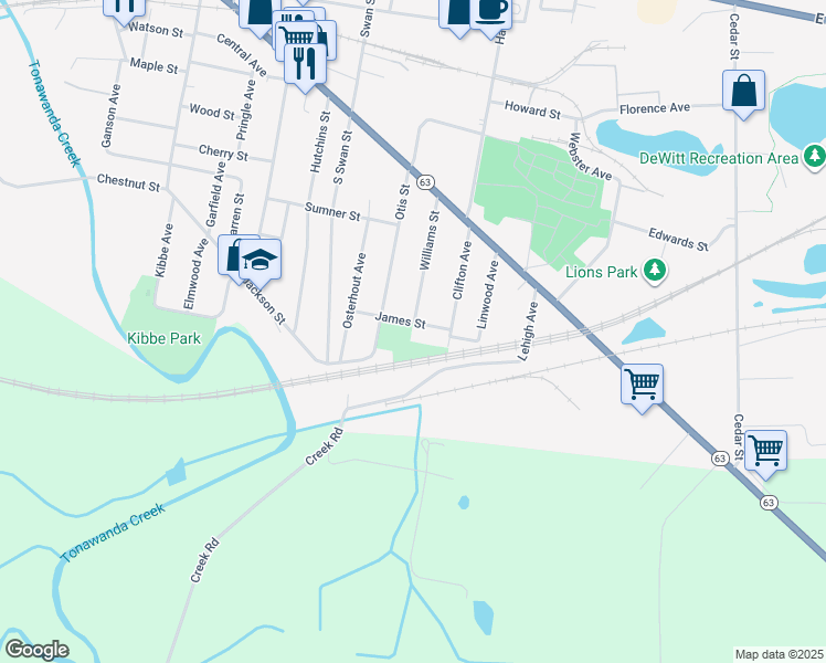 map of restaurants, bars, coffee shops, grocery stores, and more near 15 James Street in Batavia