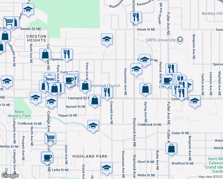 map of restaurants, bars, coffee shops, grocery stores, and more near 1231 Northfield Avenue Northeast in Grand Rapids