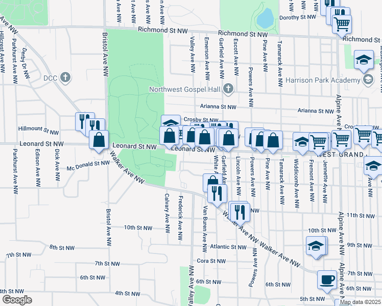map of restaurants, bars, coffee shops, grocery stores, and more near 1314 Leonard Street Northwest in Grand Rapids
