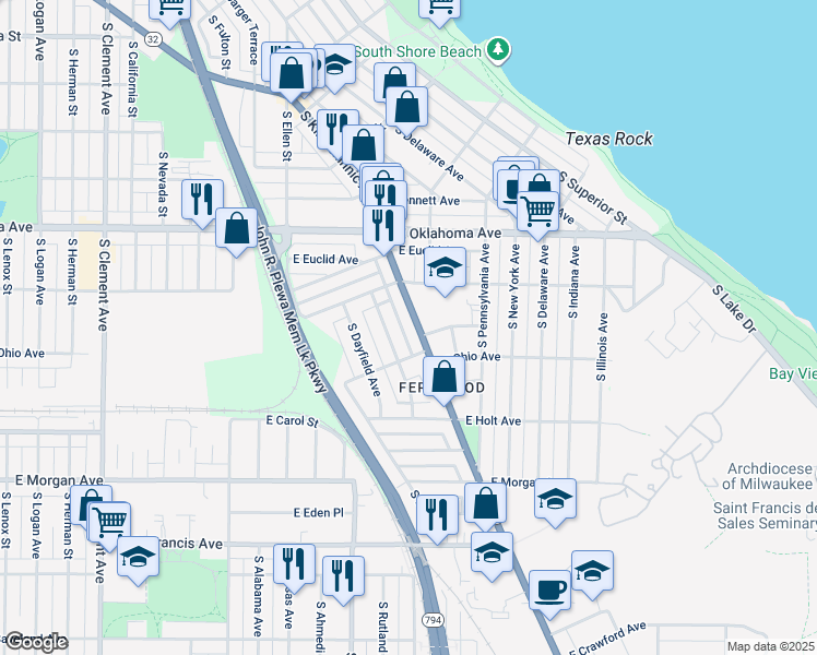 map of restaurants, bars, coffee shops, grocery stores, and more near 3261 South Kinnickinnic Avenue in Milwaukee