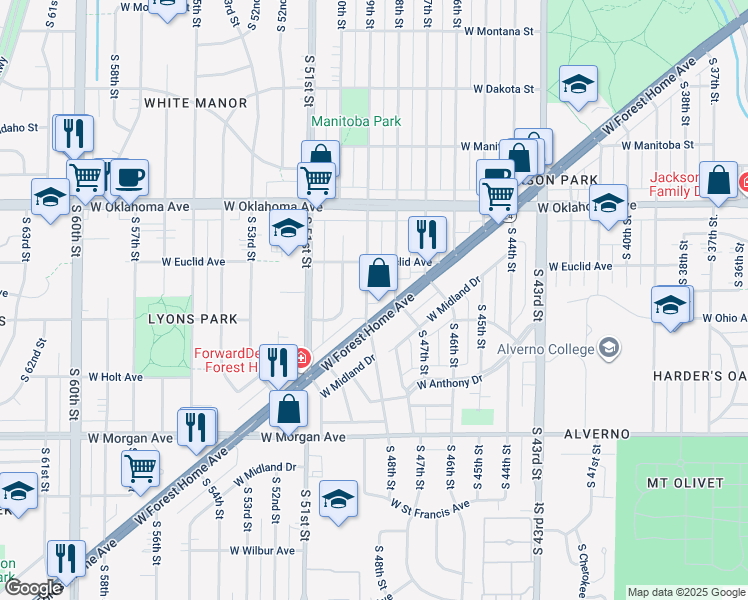 map of restaurants, bars, coffee shops, grocery stores, and more near 3250 South 49th Street in Milwaukee