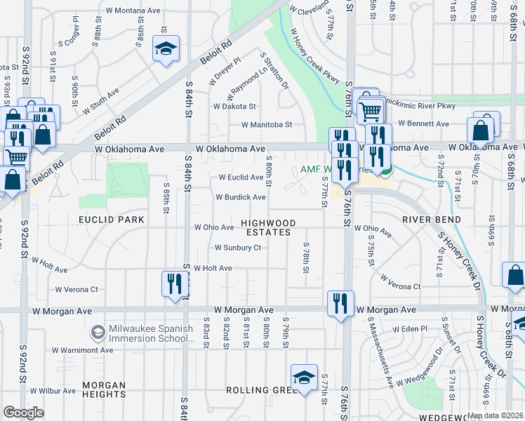 map of restaurants, bars, coffee shops, grocery stores, and more near 7928 West Burdick Avenue in Milwaukee