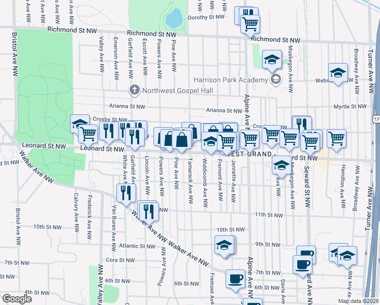 map of restaurants, bars, coffee shops, grocery stores, and more near Leonard St NW & Tamarack Ave NW in Grand Rapids