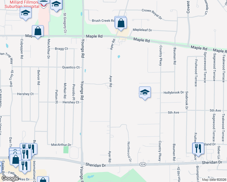 map of restaurants, bars, coffee shops, grocery stores, and more near 275 Ayer Road in Buffalo