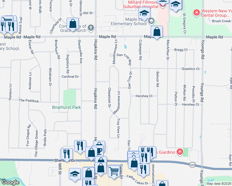 map of restaurants, bars, coffee shops, grocery stores, and more near 153 Meadowview Ln in Buffalo